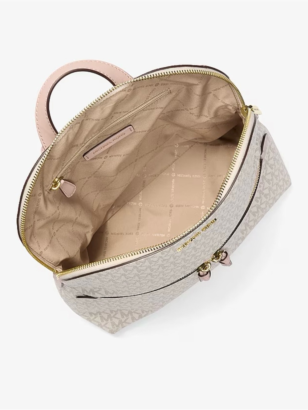 NWT Michael Kors Signature Logo Dallas Slim Backpack Blush Pink Trim Cream Gold - Picture 2 of 9
